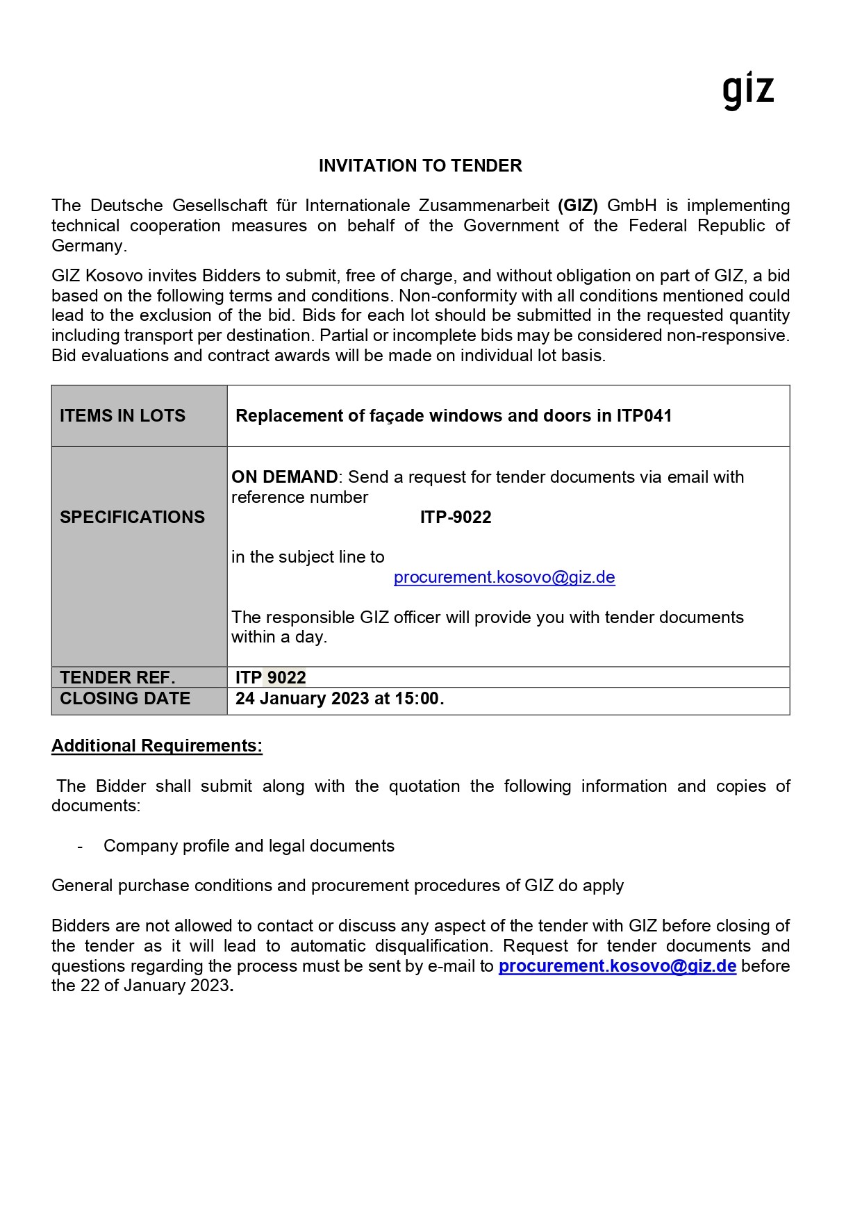 Invitation to tender – ITP 9022 – Replacement of façade windows and doors in ITP041